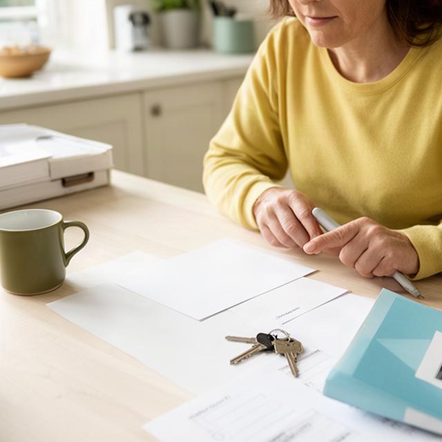Person reviewing a new home checklist beside a bright Irish kitchen table with keys and utility notes